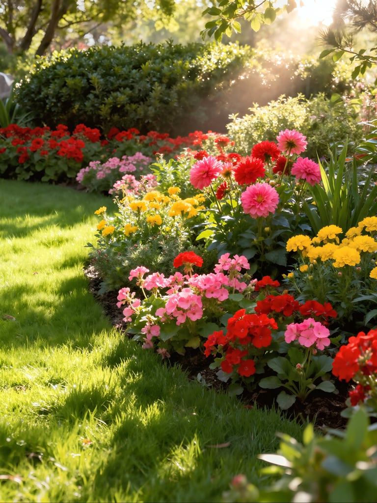 A vibrant flower bed with red, pink, and yellow blossoms curves along a freshly cut green lawn
